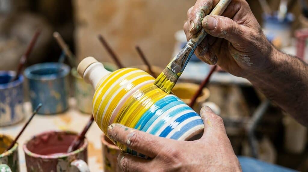 Close-up sulle mani di un artigiano pugliese mentre dipinge a mano le righe colorate su un orcio in ceramica destinato a diventare una bomboniera gastronomica
