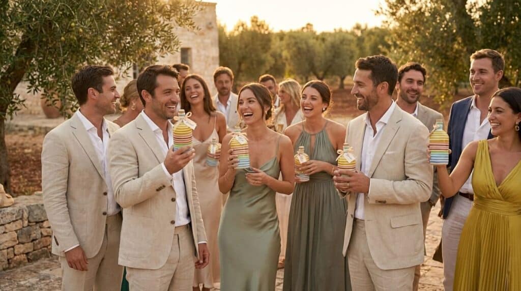 Sposi e invitati eleganti sorridono festosi tenendo in mano gli orci in ceramica colorata di Frantoio Muraglia ricevuti come bomboniera durante il ricevimento di nozze all'aperto